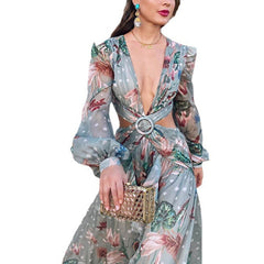 Long Sleeved Ruffles Deep V Neck Long Beach Prom Dresses