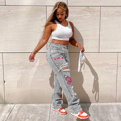 Fashion Heart Print Denim Cut Out Distressed Jeans for Baddie Clothes High Waist Baggy Pants