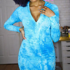 Fashion Sexy Long Sleeve Turtleneck Zipper Tie Dye Skinny Dress Sexy Bodycon Dress Sexy Dress