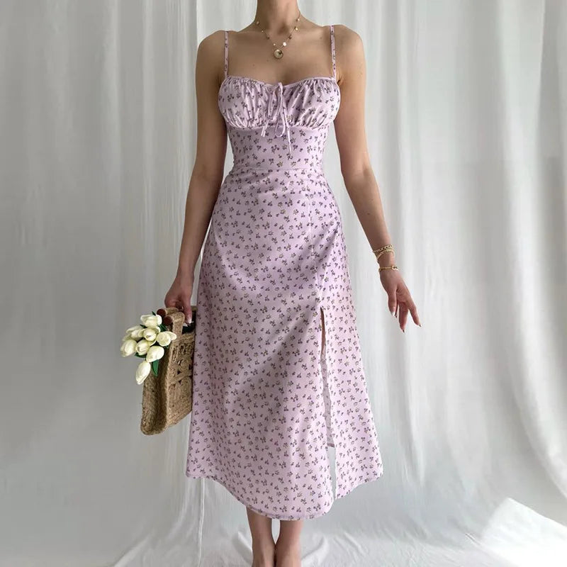 Fashion Split Bohemia Long Summer New Luxury Elegant V-neck Sleeveless Slip Flower Beach Sun Midi Dress