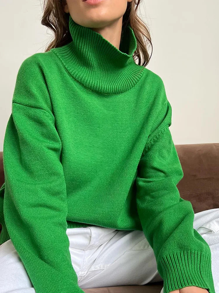 Fashion Solid Turtleneck Long Sleeve Knitted Commute Loose Autumn Ladies Sweater