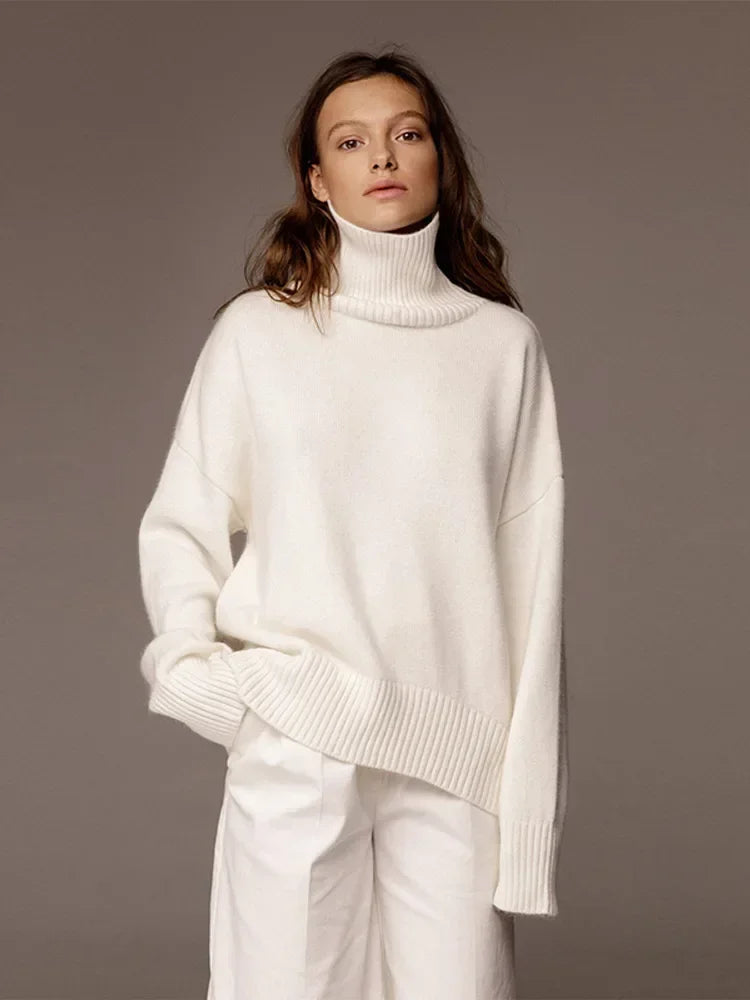 Fashion Solid Turtleneck Long Sleeve Knitted Commute Loose Autumn Ladies Sweater
