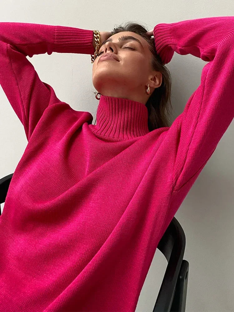 Fashion Solid Turtleneck Long Sleeve Knitted Commute Loose Autumn Ladies Sweater
