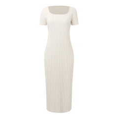 Square Neck Knit Side Slit Summer WomenSummer Bodycon Sun Casual Short Sleeve Midi Dress
