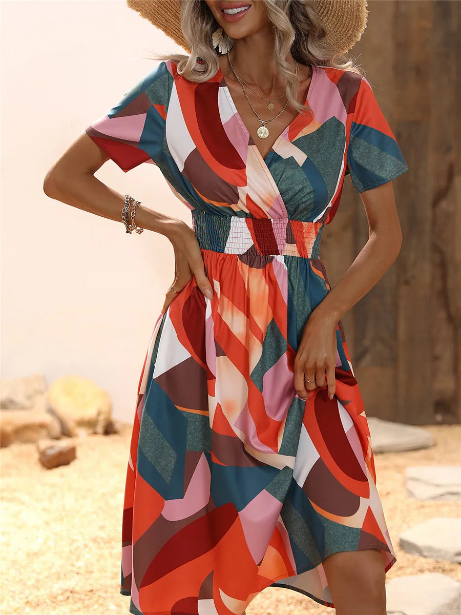 Fashion Summer for Long Short Sleeve Female Chic Clothing Floral Holiday Clothes Midi Dress
