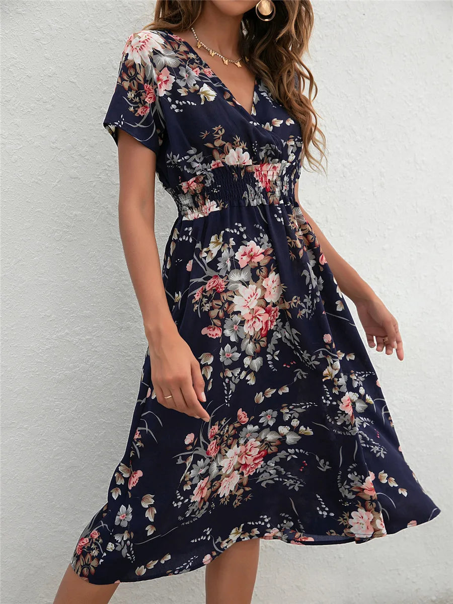 Fashion Summer for Long Short Sleeve Female Chic Clothing Floral Holiday Clothes Midi Dress