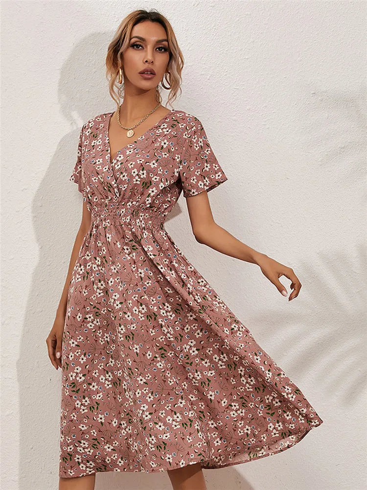 Fashion Summer for Long Short Sleeve Female Chic Clothing Floral Holiday Clothes Midi Dress