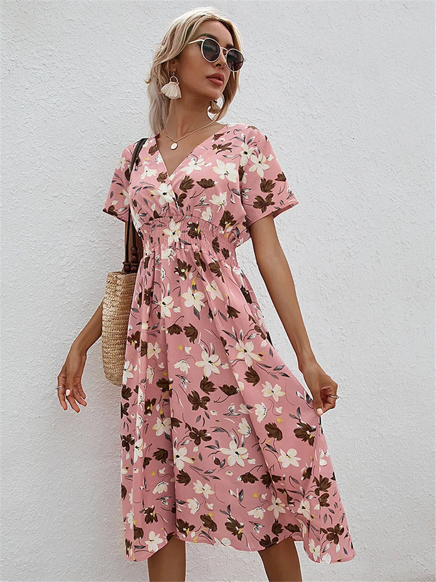 Fashion Summer for Long Short Sleeve Female Chic Clothing Floral Holiday Clothes Midi Dress
