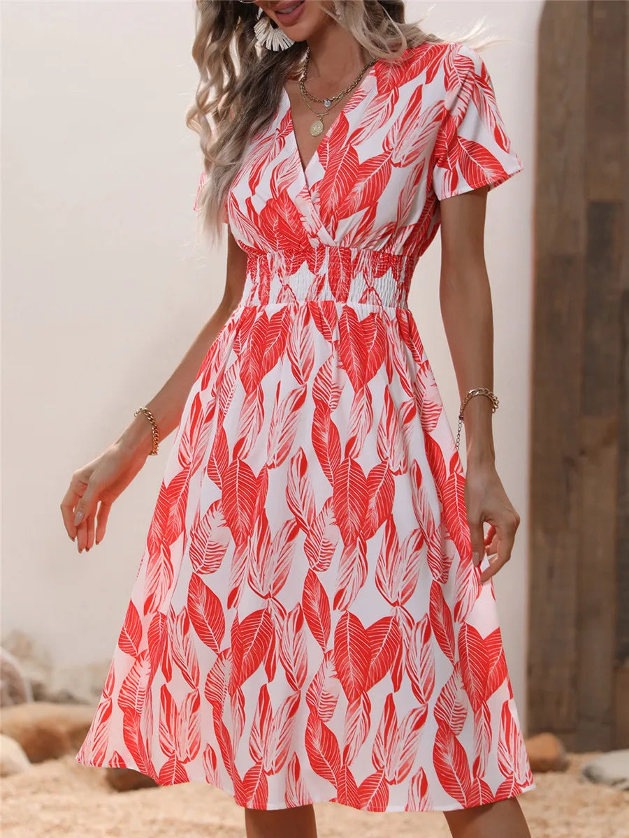 Fashion Summer for Long Short Sleeve Female Chic Clothing Floral Holiday Clothes Midi Dress