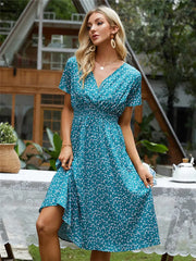 Fashion Summer for Long Short Sleeve Female Chic Clothing Floral Holiday Clothes Midi Dress