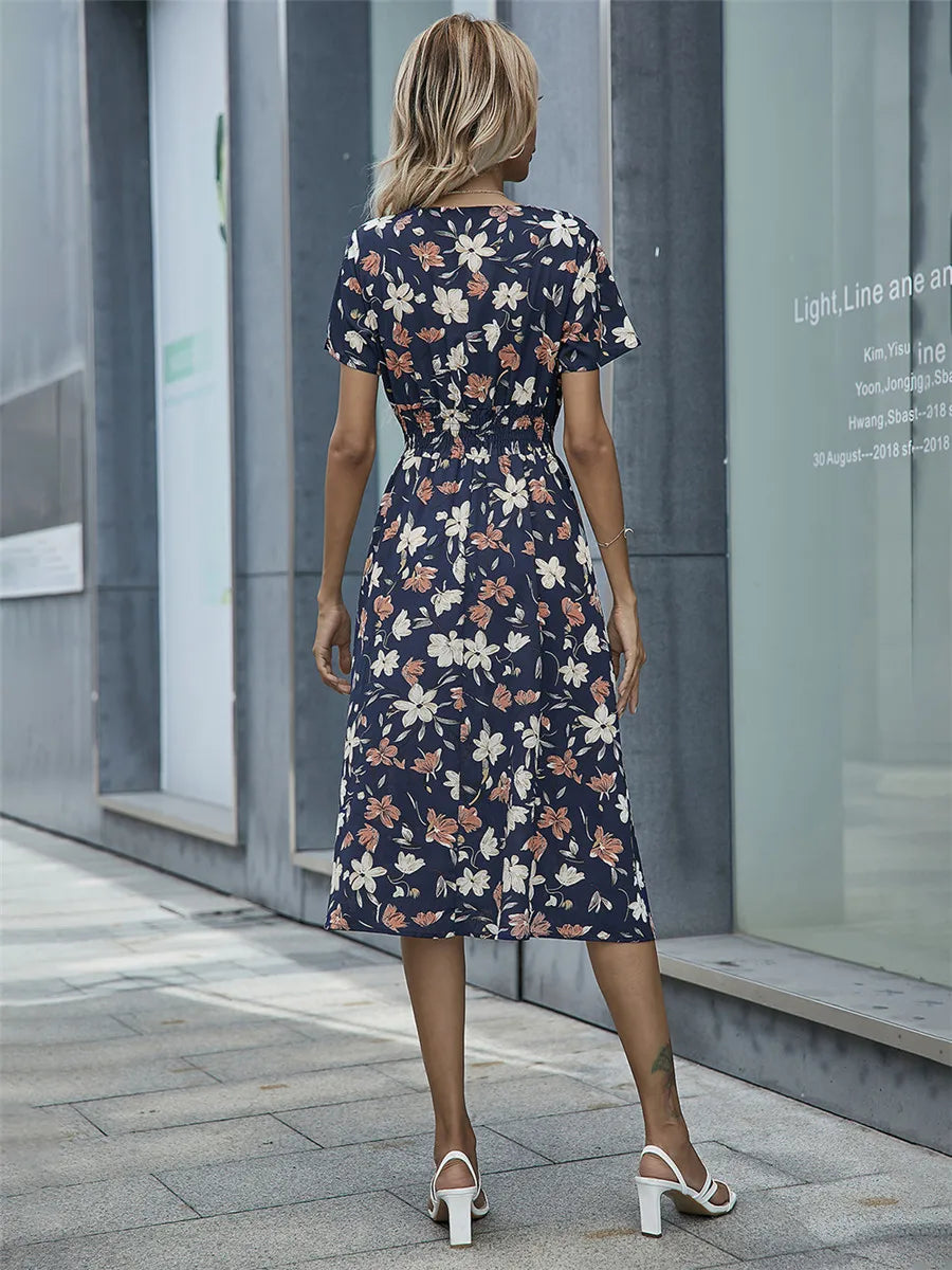 Fashion Summer for Long Short Sleeve Female Chic Clothing Floral Holiday Clothes Midi Dress