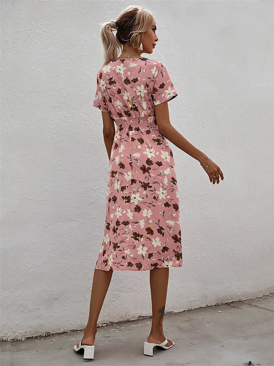 Fashion Summer for Long Short Sleeve Female Chic Clothing Floral Holiday Clothes Midi Dress