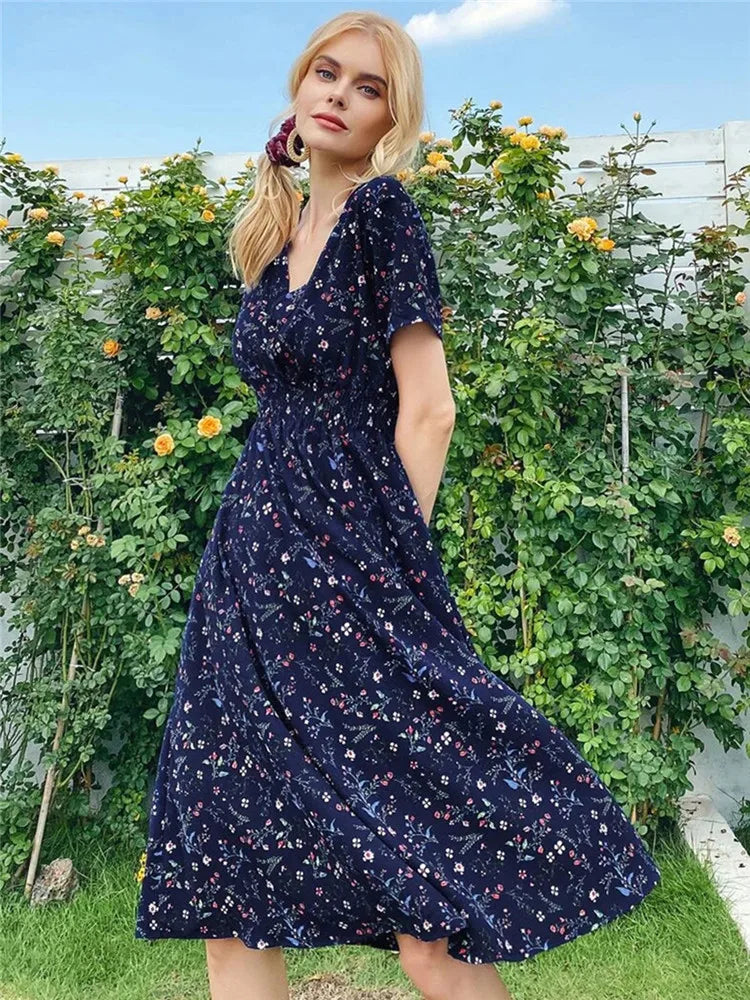 Fashion Summer for Long Short Sleeve Female Chic Clothing Floral Holiday Clothes Midi Dress