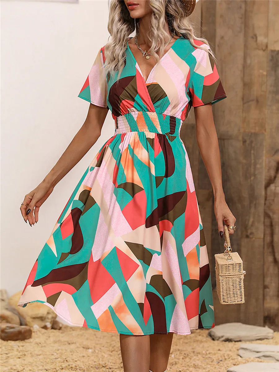 Fashion Summer for Long Short Sleeve Female Chic Clothing Floral Holiday Clothes Midi Dress