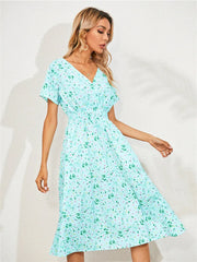 Fashion Summer for Long Short Sleeve Female Chic Clothing Floral Holiday Clothes Midi Dress