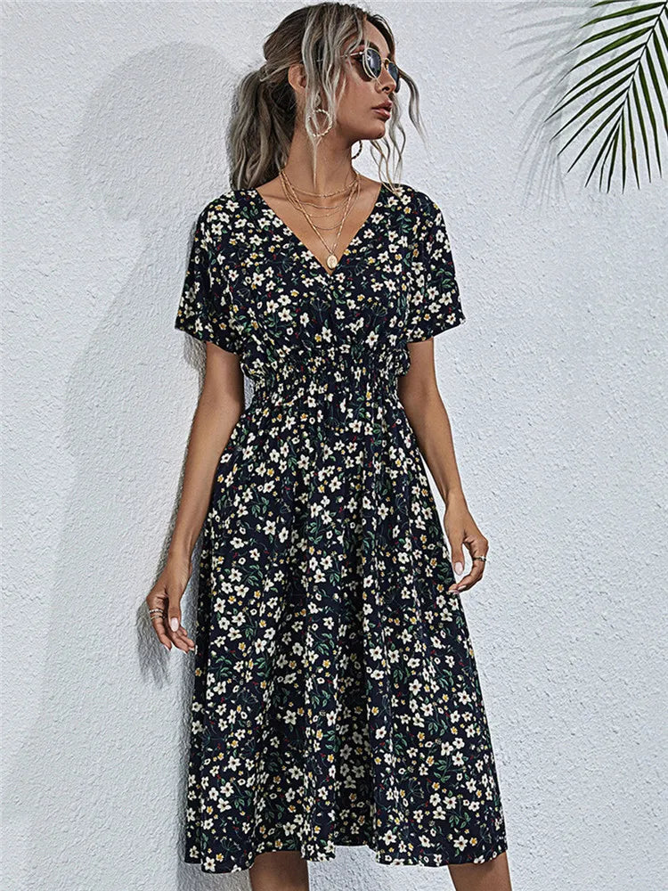 Fashion Summer for Long Short Sleeve Female Chic Clothing Floral Holiday Clothes Midi Dress