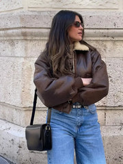 Stylish Lapel Zipper Leather Jacket Chic Double-sided Jacket