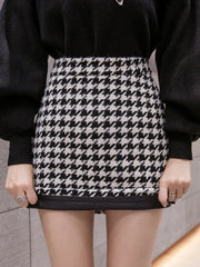 Woolen Plaid Buttocks Short Mini Black Beige Skirt