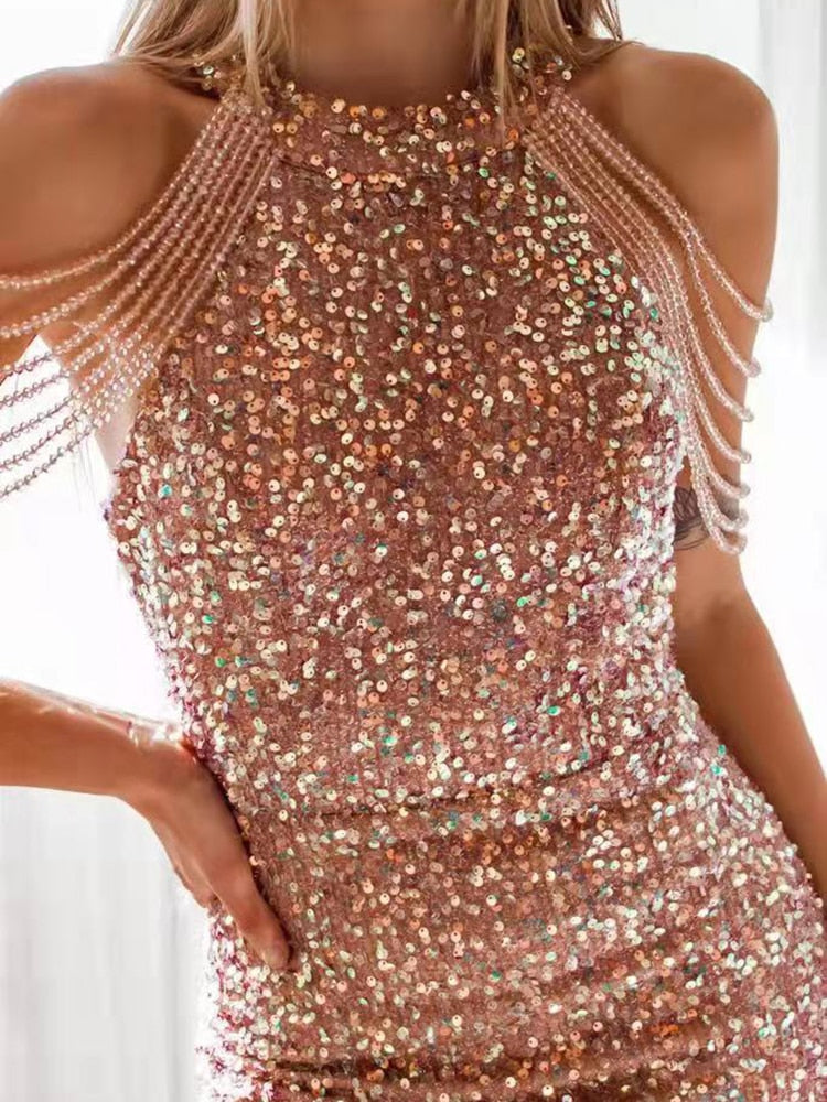 Neck Hanging Sexy Crystal Fringe Sequin Dress
