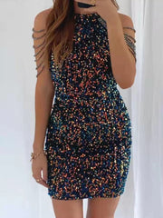 Neck Hanging Sexy Crystal Fringe Sequin Dress