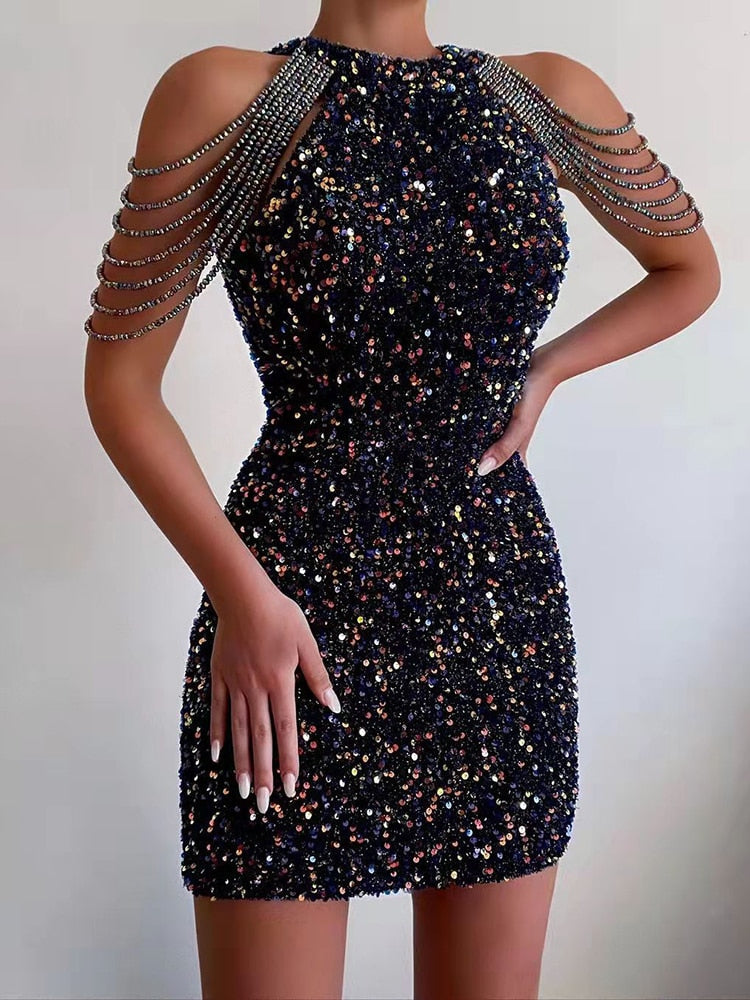 Neck Hanging Sexy Crystal Fringe Sequin Dress