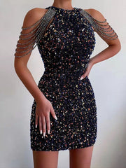 Neck Hanging Sexy Crystal Fringe Sequin Dress