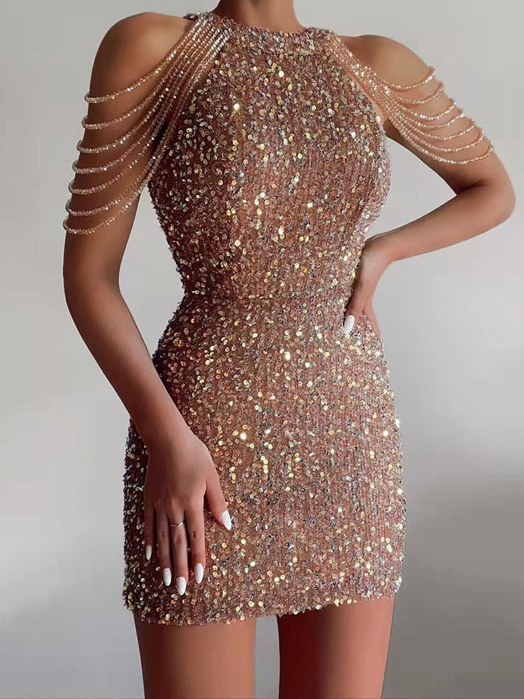 Neck Hanging Sexy Crystal Fringe Sequin Dress