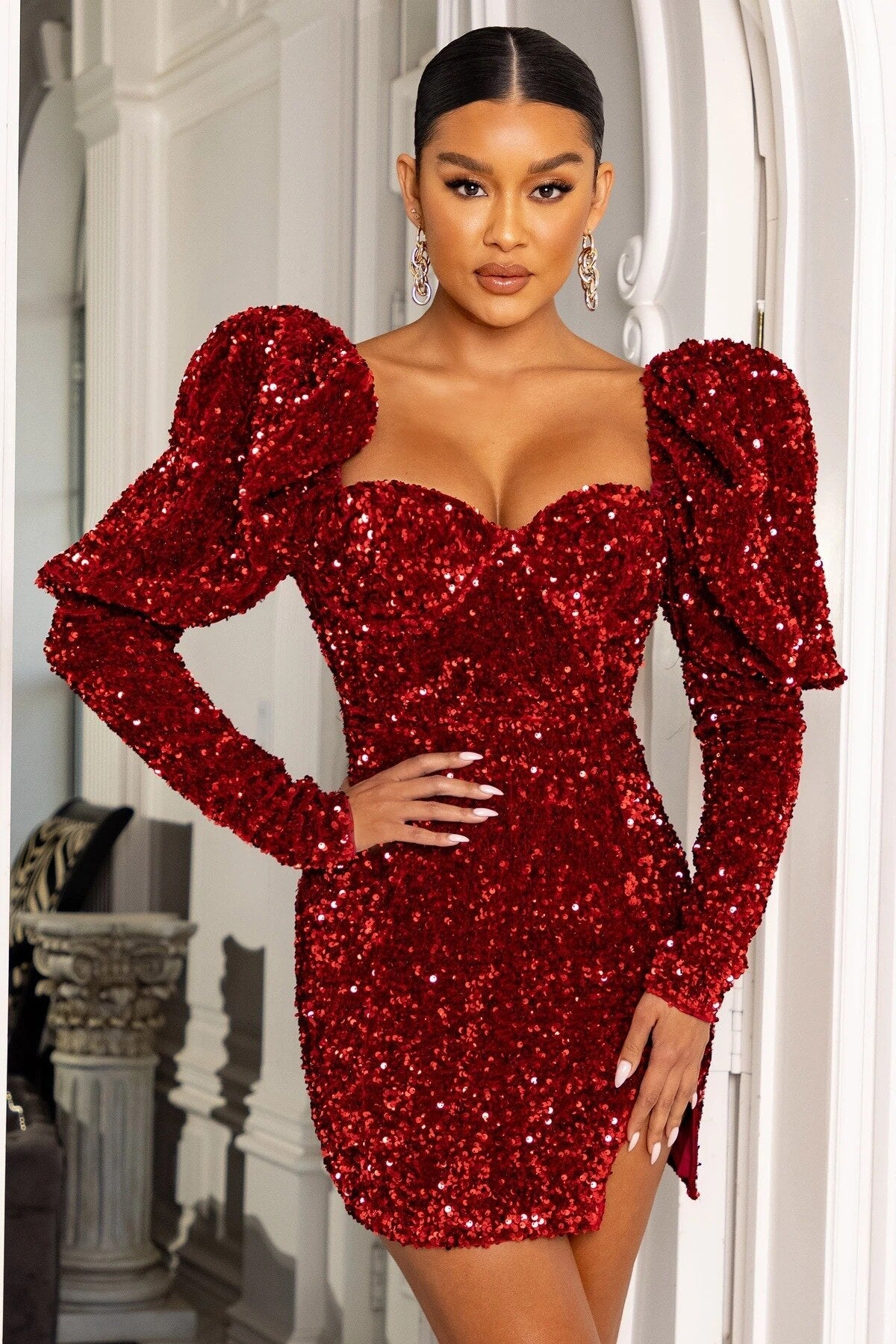 Solid Sequins Square Neck Puff Sleeve Club Mini Dress