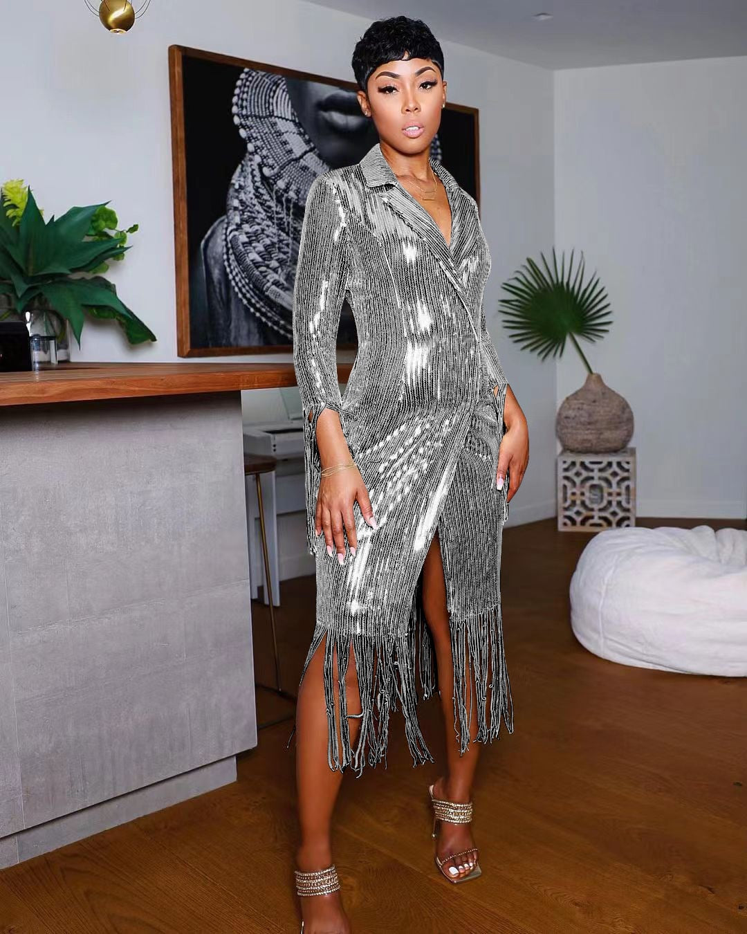 Solid Notched Tassel Sequin Decoration Knee Length Dress