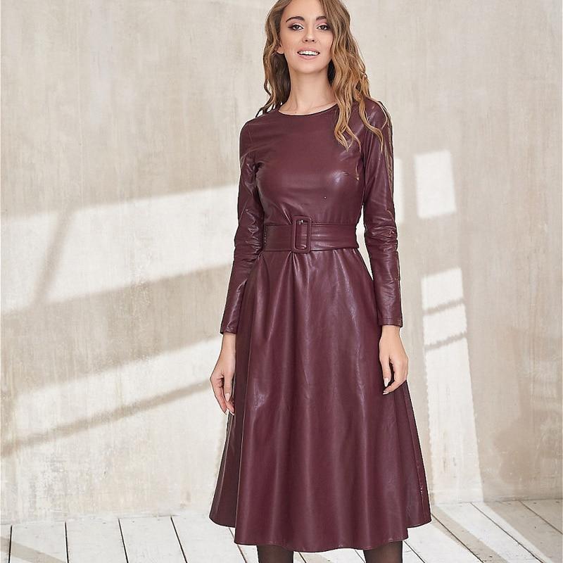 Fit And Flare Winter Dress a Line Pockets Pu Leather Midi Dress