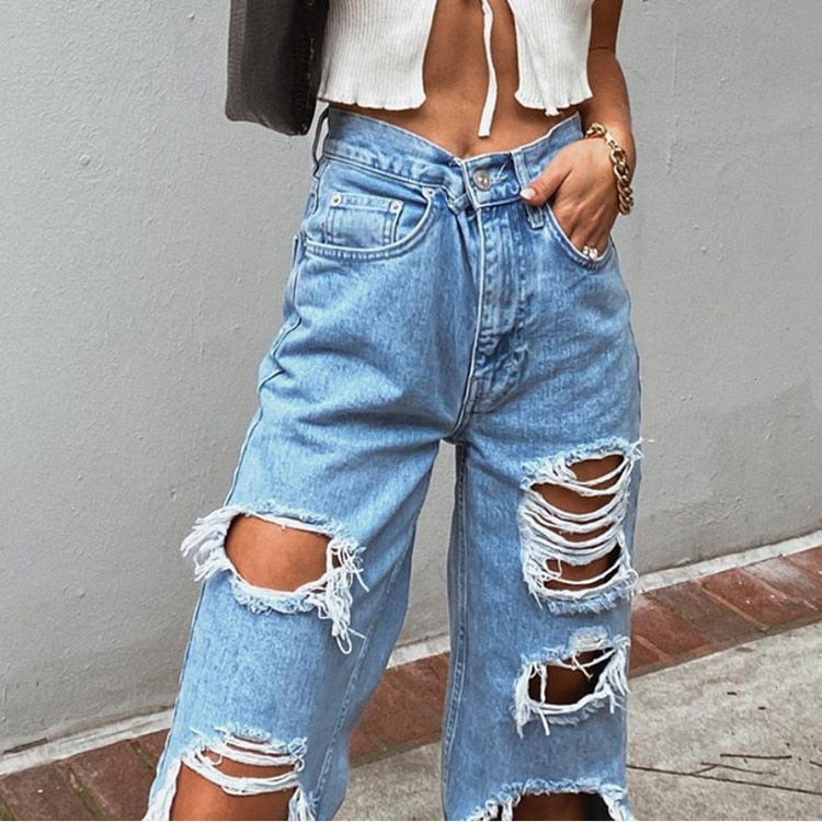 High Waist Loose Comfortable Ripped Jeans Pants Sexy Fashion Boyfriend Denim Pencil Pant