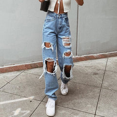 High Waist Loose Comfortable Ripped Jeans Pants Sexy Fashion Boyfriend Denim Pencil Pant