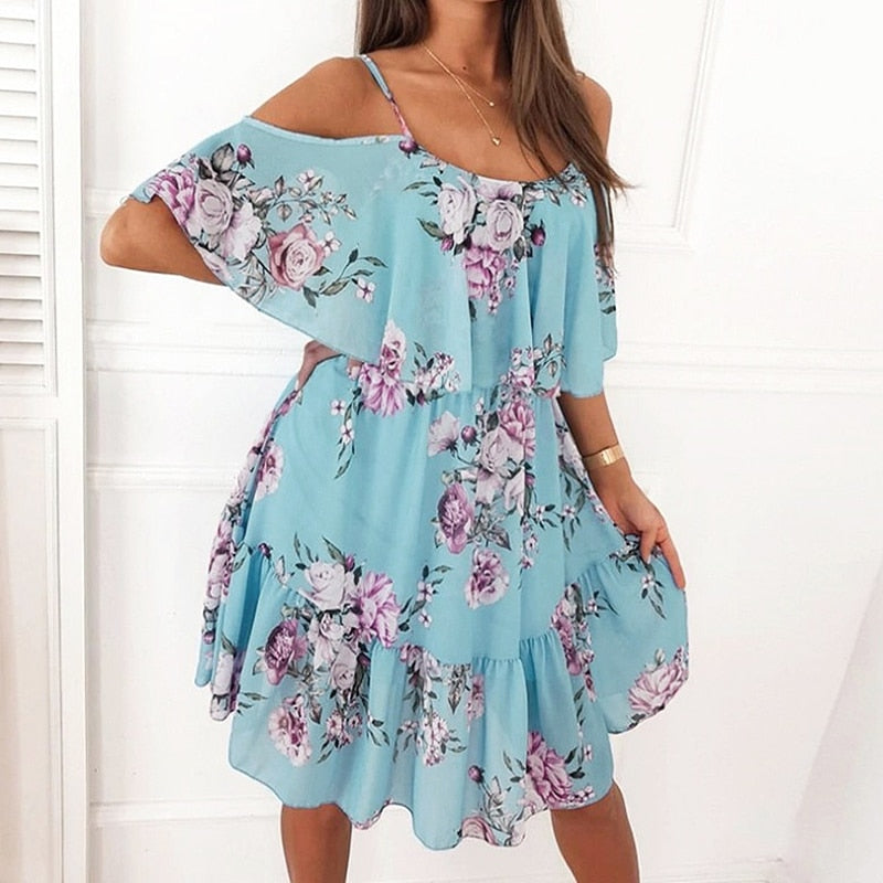 Backless Off Shoulder Floral Print Boho Beach Dress