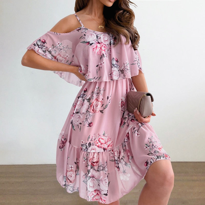 Backless Off Shoulder Floral Print Boho Beach Dress