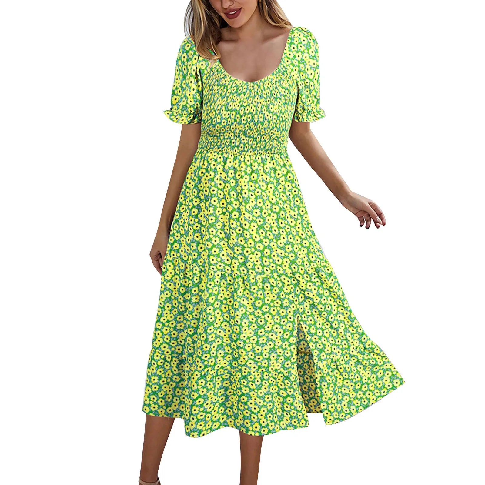 Split Swing Short Sleeve Floral Print Scoop Neck Plus Size Beach Boho Dress