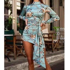 Floral print ruched designed mini dress Turtleneck long sleeve dress Autumn  Bodycon sexy party dresses vestidos mujer