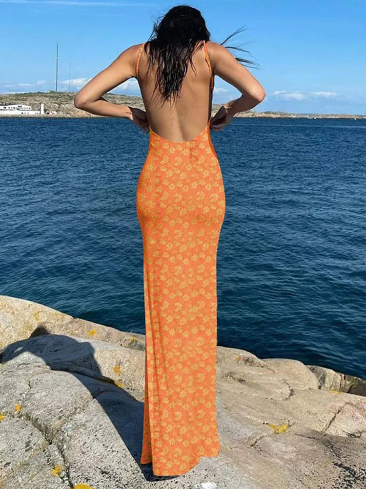 Flower Print Slip Sleeveless Slim Spring Elegant Streetwear Party Clothing Concise Maxi Dress