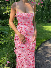 Flower Print Slip Sleeveless Slim Spring Elegant Streetwear Party Clothing Concise Maxi Dress