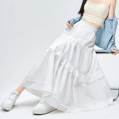 French Style Lace Stitching White Long Spring Summer New Fashion High Waist A-line Pleated Woman Casual Skirt