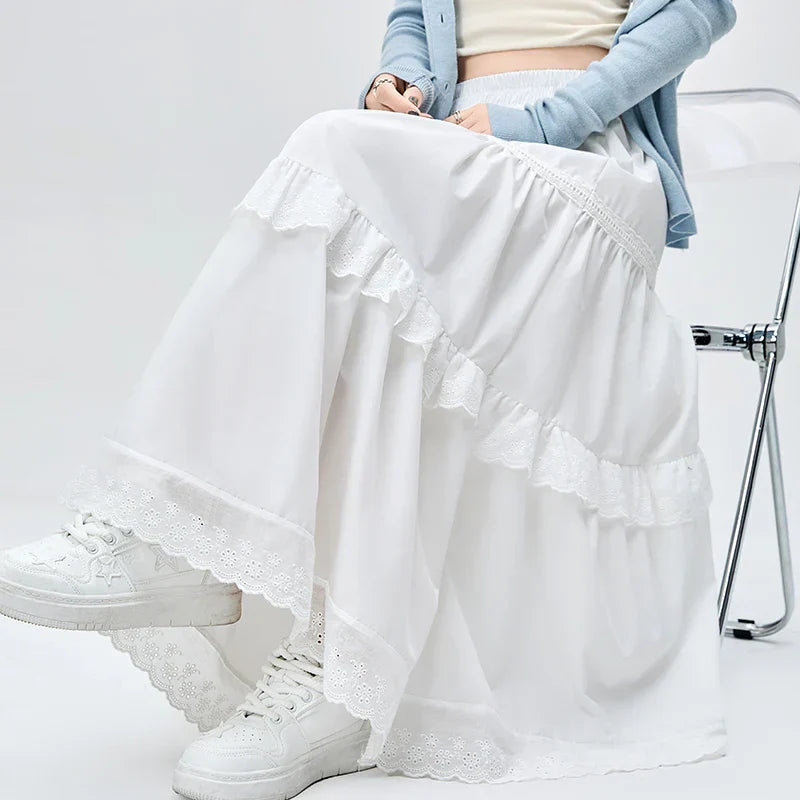 French Style Lace Stitching White Long Spring Summer New Fashion High Waist A-line Pleated Woman Casual Skirt