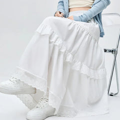 French Style Lace Stitching White Long Spring Summer New Fashion High Waist A-line Pleated Woman Casual Skirt
