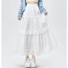 French Style Lace Stitching White Long Spring Summer New Fashion High Waist A-line Pleated Woman Casual Skirt