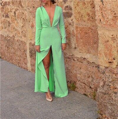 Front slit long dress v neck long sleeve dress Autumn Fashion casual dresses Elegant maxi vestidso mujer