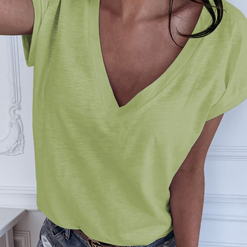Casual Solid Color Short Sleeve V Neck T-shirt