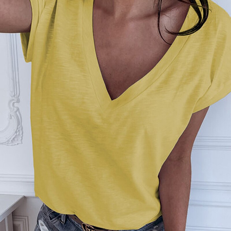 Casual Solid Color Short Sleeve V Neck T-shirt