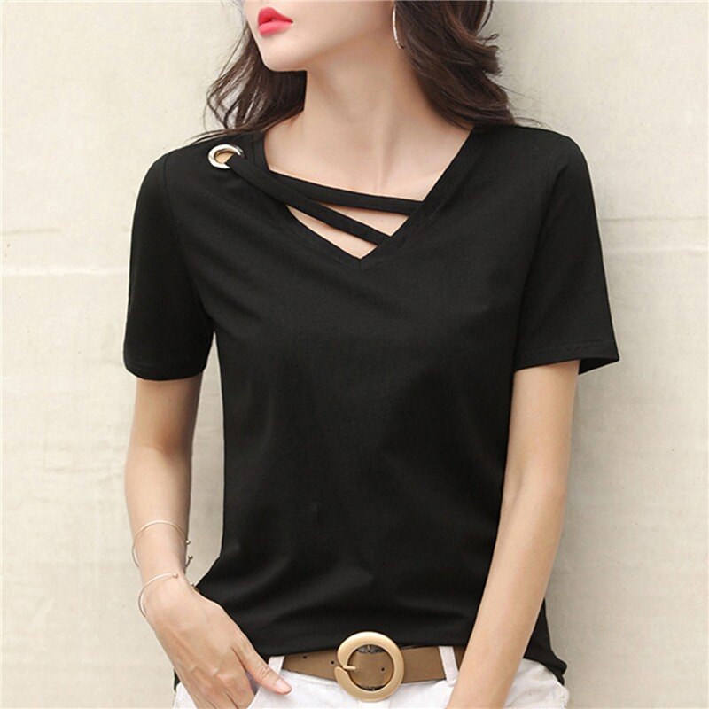 Casual Solid Color Short Sleeve V Neck T-shirt
