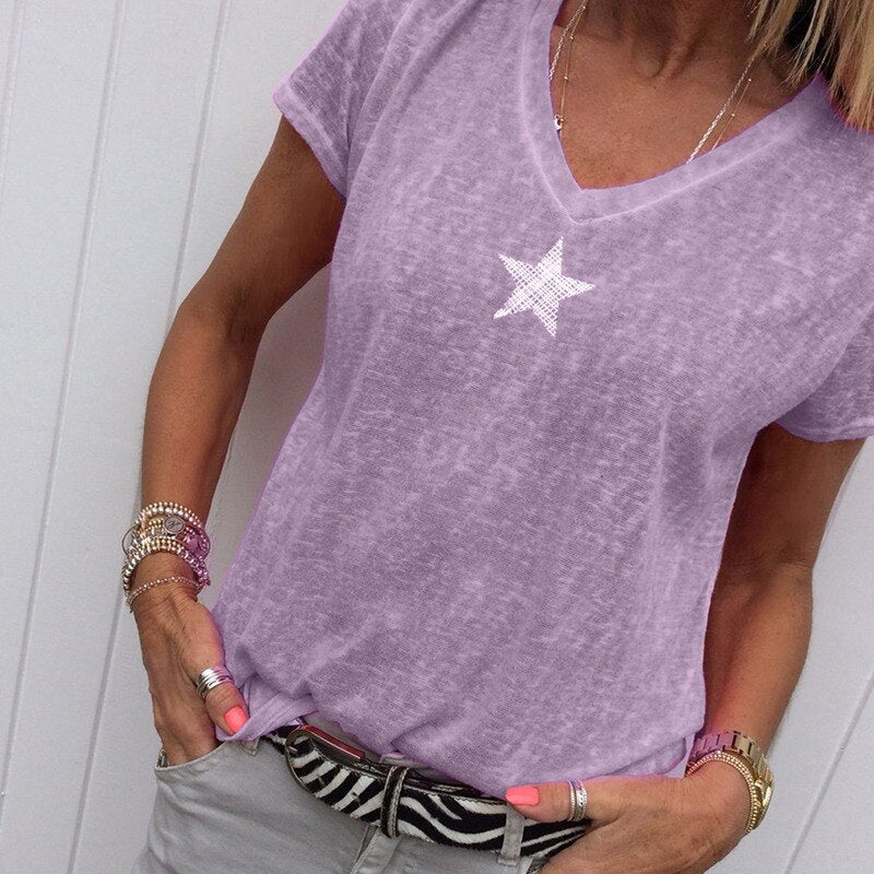 Casual Solid Color Short Sleeve V Neck T-shirt
