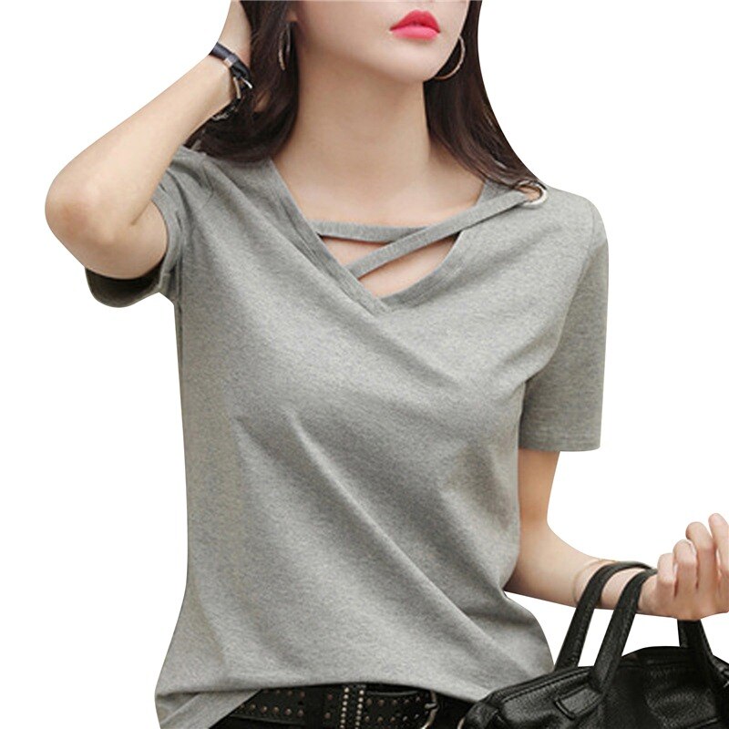 Casual Solid Color Short Sleeve V Neck T-shirt