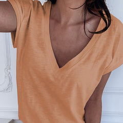 Casual Solid Color Short Sleeve V Neck T-shirt