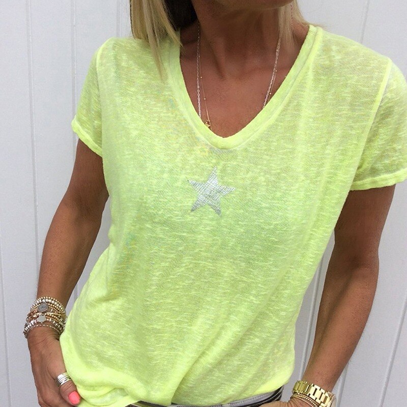 Casual Solid Color Short Sleeve V Neck T-shirt